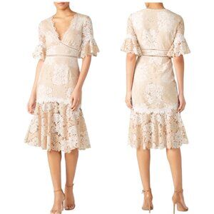 Saylor Maggie‎ Dress Womens Small Ivory Nude Floral Lace Bell Sleeve Ruffle Hem
